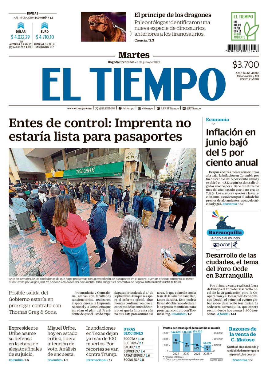 ELTIEMPO's tweet photo. ☕️ ¡Buenos días! 📰 Esta es la portada de EL TIEMPO para este martes.

🧵 Inicie el día bien informado con las noticias más destacadas ↓ https://t.co/97IP9ocwIX