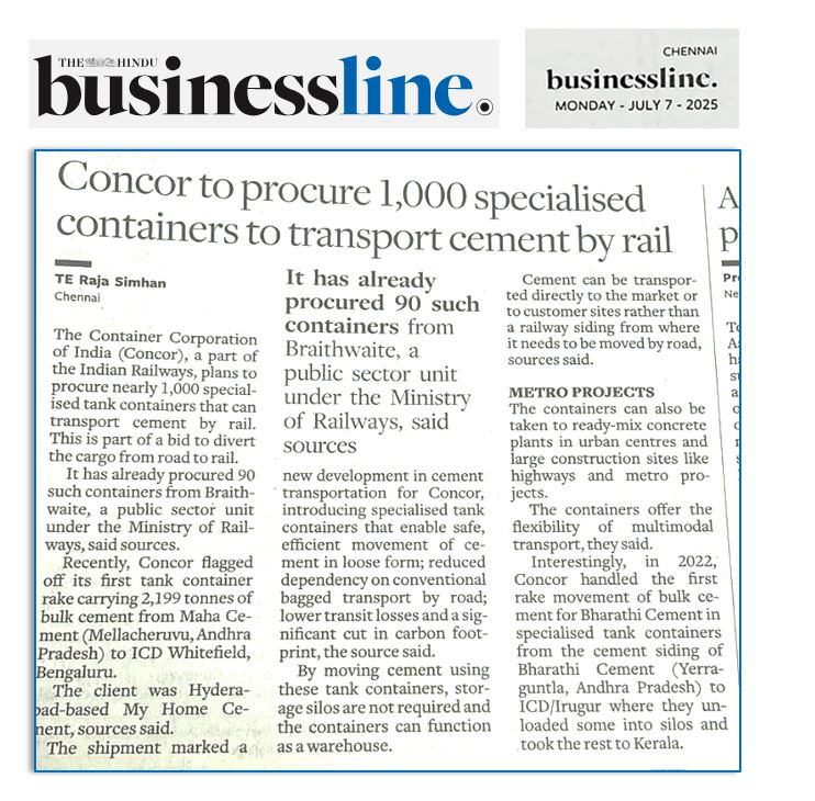 ConcorArea3's tweet image. #CONCOR to procure 1000 specialised containers to transport Cement by Rail - The Hindu Business Line

📦 CONCOR -  Cementing the future of sustainable transport.

  #LogisticsInnovation #GreenTransport #CONCOR

Think Logistics.. Think CONCOR.