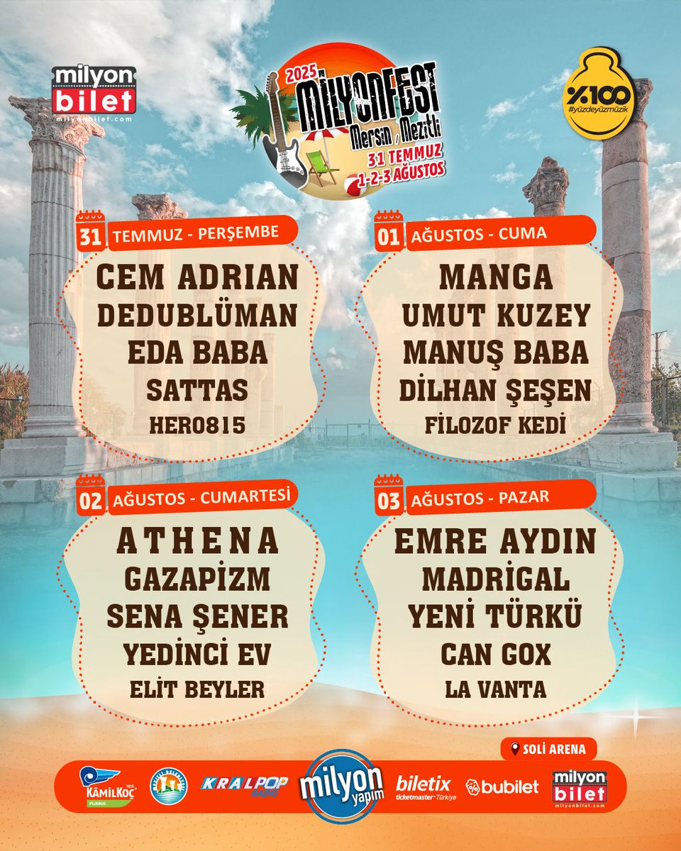 Milyonfest (@milyonfest) on Twitter photo Milyonfest Mersin / Mezitli 2025 kadrosu geldi! 🎉
Milyonfest Mersin / Mezitli 31 Temmuz – 1-2-3 Ağustos'ta Soli Arena – Mersin / Mezitli' de
🎫 Biletler;
Milyon Bilet, Bubilet ve Biletix’te!
<a href="/milyonbilet/">milyonbilet</a>
<a href="/bubilet/">bubilet.com</a>
@biletix🎶🤘🎸
#Milyonfestmersin #MFMezitli25 #Milyonfest Milyonfest Mersin / Mezitli 2025 kadrosu geldi! 🎉
Milyonfest Mersin / Mezitli 31 Temmuz – 1-2-3 Ağustos'ta Soli Arena – Mersin / Mezitli' de
🎫 Biletler;
Milyon Bilet, Bubilet ve Biletix’te!
<a href="/milyonbilet/">milyonbilet</a>
<a href="/bubilet/">bubilet.com</a>
@biletix🎶🤘🎸
#Milyonfestmersin #MFMezitli25 #Milyonfest