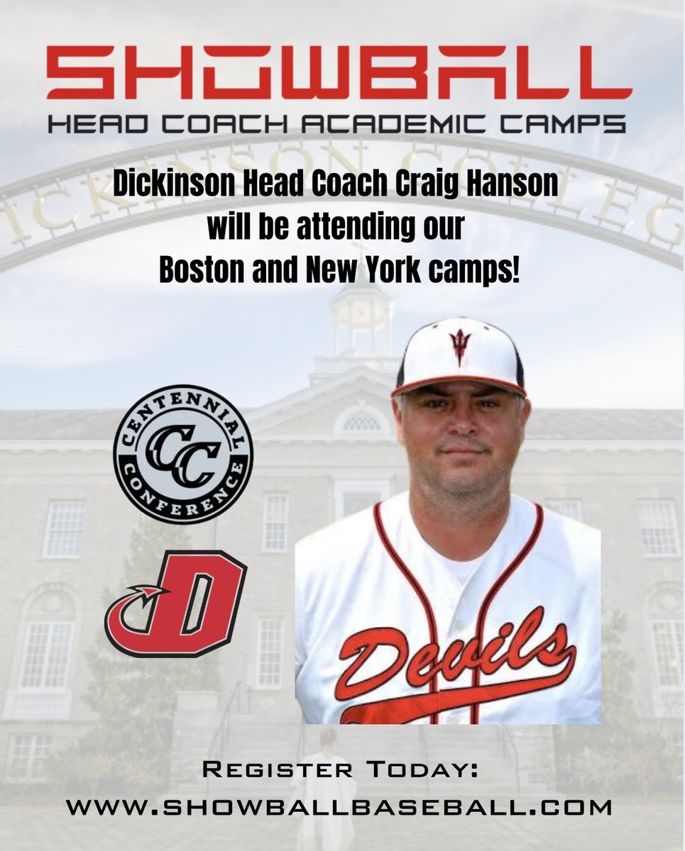 Dickinson Head Coach Craig Hanson will be attending our High Academic camps this week in Boston and next month in NY! ⁦<a href="/DSonBaseball/">Dickinson Baseball</a>⁩ ⁦<a href="/DevilCoach/">Craig Hanson</a>⁩ ⁦<a href="/CentennialConf/">CentennialConference</a>⁩ ⁦<a href="/d3baseball/">D3baseball</a>⁩ ⁦<a href="/ABCA1945/">ABCA</a>⁩ ⁦<a href="/axcessbaseball/">Axcess Baseball LI</a>⁩ ⁦<a href="/ptwsports/">Play to Win (PTW)</a>⁩