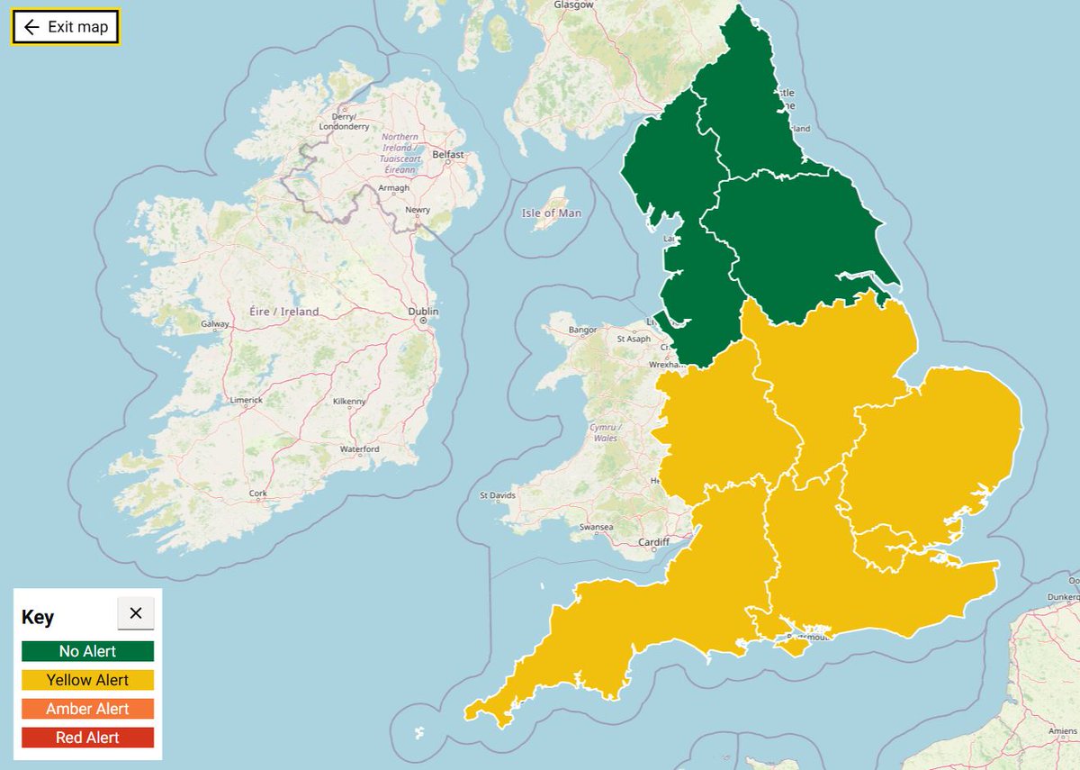 UKHSA is about to issue a heat health alert (yellow) for the SW of England, valid from 10am tomorrow to 10am on the 15th July
Temperatures are likely to reach the threshold value for declaration of a heatwave