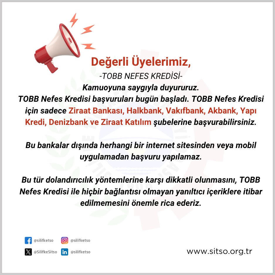 Kamuoyuna saygıyla duyururuz.

TOBB Nefes Kredisi başvuruları bugün başladı. TOBB Nefes Kredisi için sadece Ziraat Bankası, Halkbank, Vakıfbank, Akbank, Yapı Kredi, Denizbank ve Ziraat Katılım şubelerine başvurabilirsiniz.