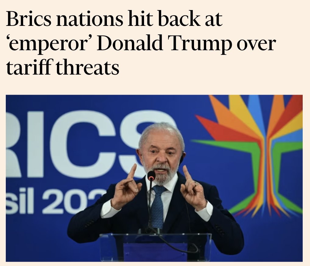 Very significant comment from Lula responding to Trump's latest threat of imposing additional tariffs on "pro-BRICS" countries:

"The world has changed. We don’t want an emperor. We are sovereign countries... The world needs to find a way so that our trade relationship does not