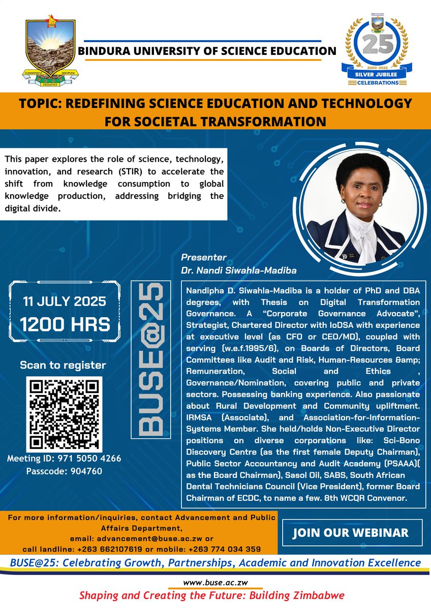 Join us for this important webinar with Dr Nandi Siwahla-Madiba, where we are redefining science education and technology for societal transformation. #shapingandcreatingthefuture #building #Zimbabwe #SilverJubilee