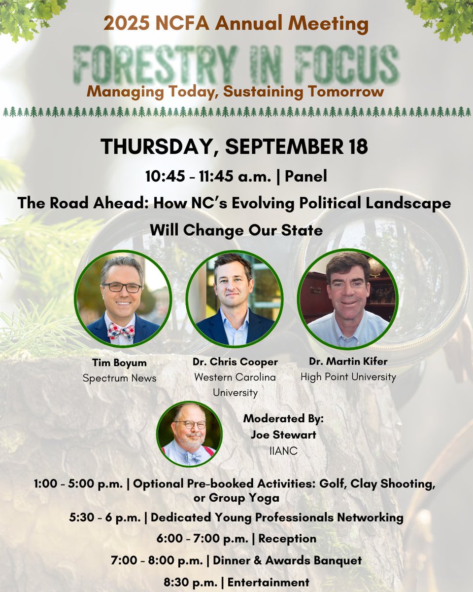 NCForestryAssoc's tweet image. 🌲 NCFA 2025 Annual Meeting
📅 September 17–18, 2025
📍 Grandover Resort &amp;amp; Spa | Greensboro, NC

Swipe to learn more about this year&apos;s program agenda and featured speakers. 

Be sure to register today! bit.ly/44owY3l

#ncfaannualmeeting2025 #ncforestry