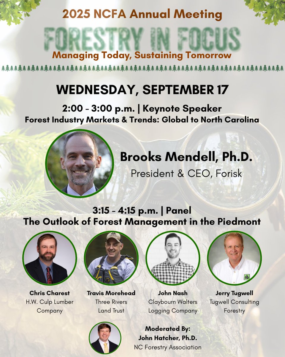 NCForestryAssoc's tweet image. 🌲 NCFA 2025 Annual Meeting
📅 September 17–18, 2025
📍 Grandover Resort &amp;amp; Spa | Greensboro, NC

Swipe to learn more about this year&apos;s program agenda and featured speakers. 

Be sure to register today! bit.ly/44owY3l

#ncfaannualmeeting2025 #ncforestry