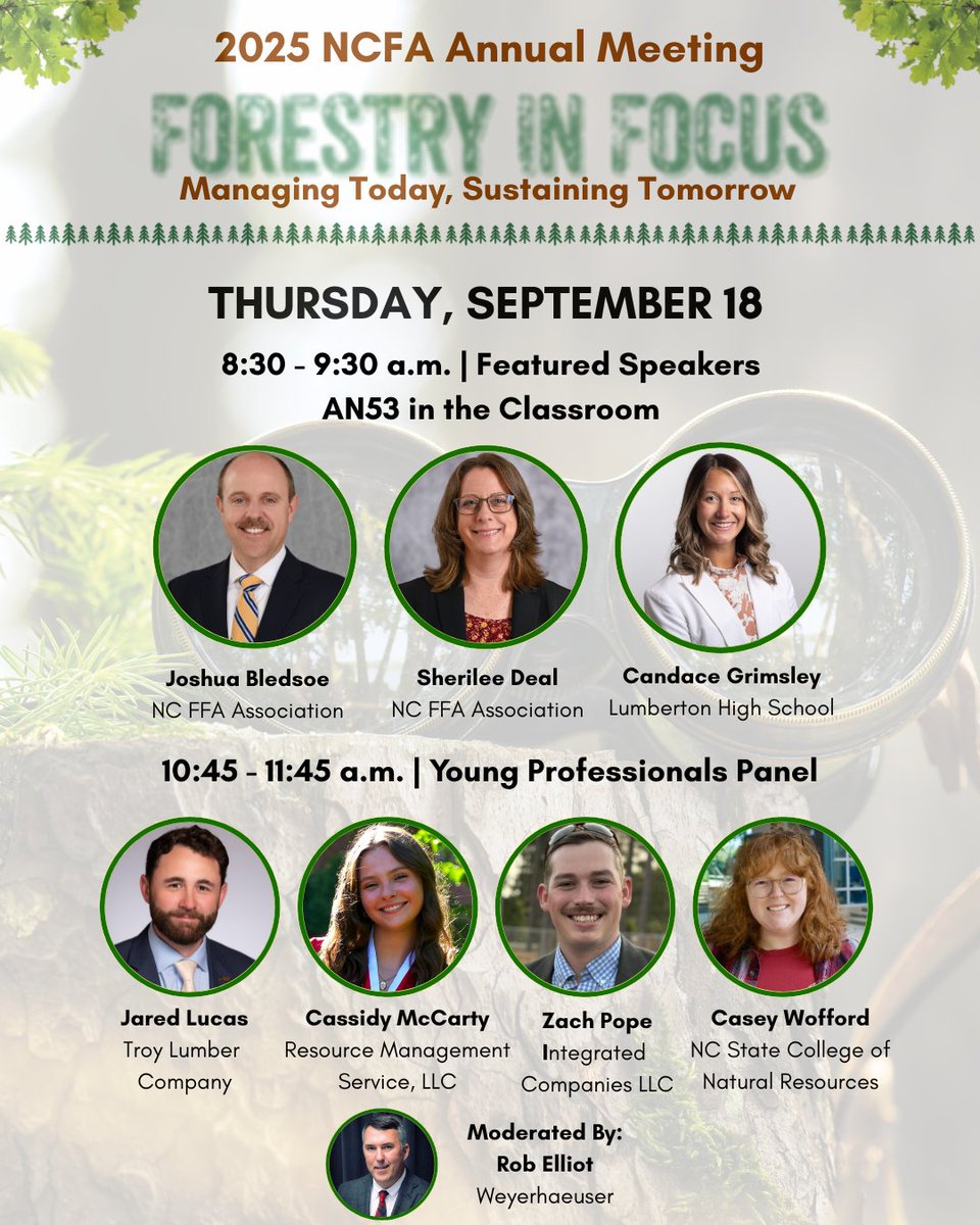 NCForestryAssoc's tweet image. 🌲 NCFA 2025 Annual Meeting
📅 September 17–18, 2025
📍 Grandover Resort &amp;amp; Spa | Greensboro, NC

Swipe to learn more about this year&apos;s program agenda and featured speakers. 

Be sure to register today! bit.ly/44owY3l

#ncfaannualmeeting2025 #ncforestry