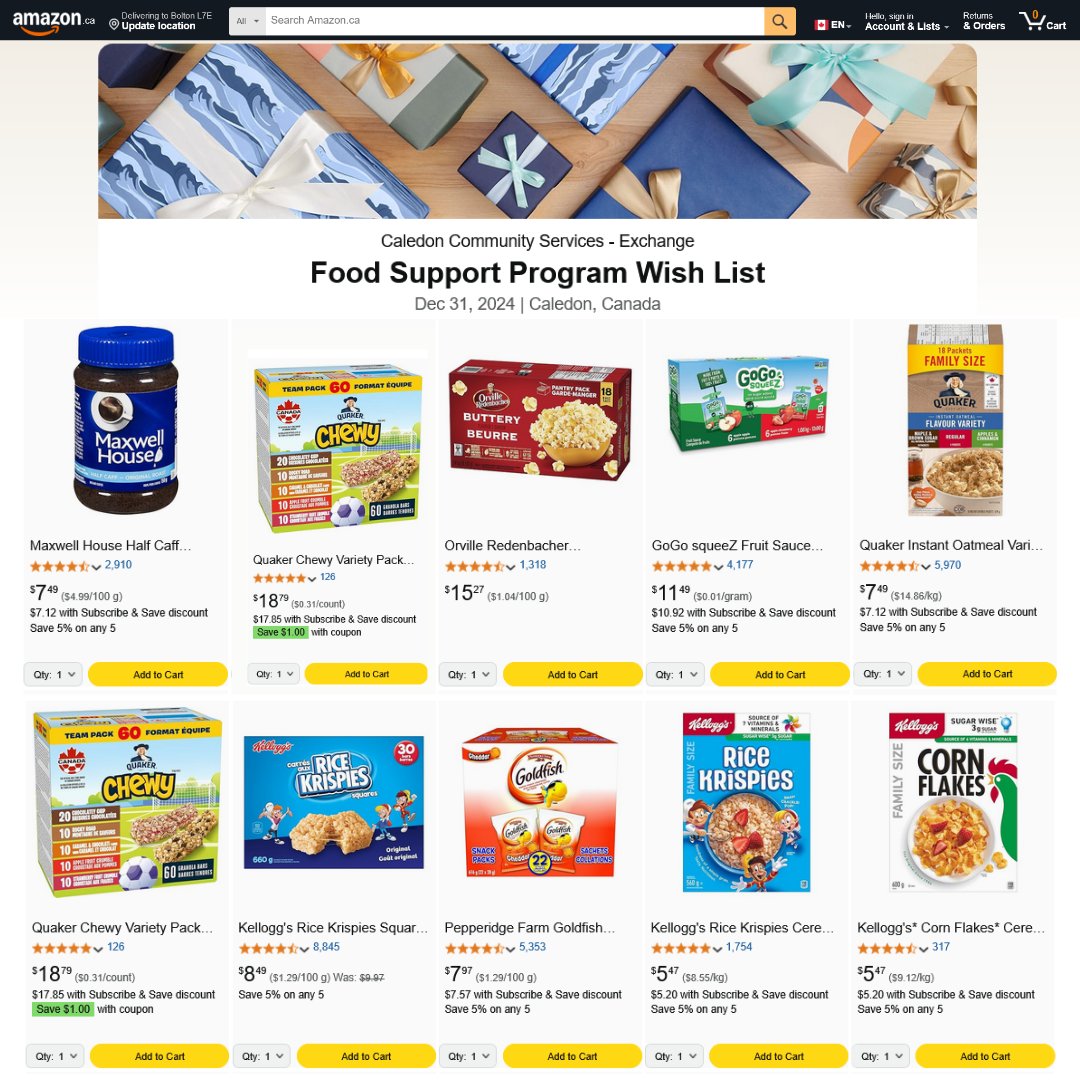 If you're shopping Amazon Prime Day Deals, don't forget that you can also support your Caledon neighbours in need with nutritious food and necessities using our Amazon registry: amazon.ca/registries/gl/… #Amazon #PrimeDay #Caledon #GivingBack #FoodBank #FoodSupport #Donate