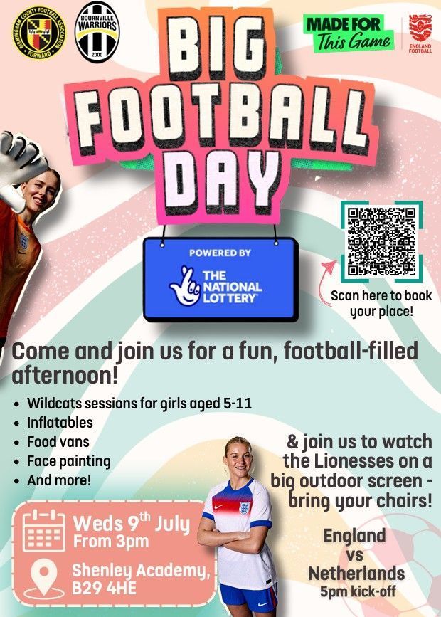 Birmingham County FA (@birminghamfa) on Twitter photo ๐๐๐๐๐๐๐๐ โก๏ธ
Join us and <a href="/BWarriorsFC1/">Bournville Warriors FC</a> tomorrow for a fun and football filled afternoon! There is something for everyone, including football taster sessions, and we'll be watching the <a href="/Lionesses/">Lionesses</a> in the @weuro2025 on a big outdoor screen! โฝโ๏ธ
๐ฐ๏ธ From 3PM
๐ Shenley ๐๐๐๐๐๐๐๐ โก๏ธ
Join us and <a href="/BWarriorsFC1/">Bournville Warriors FC</a> tomorrow for a fun and football filled afternoon! There is something for everyone, including football taster sessions, and we'll be watching the <a href="/Lionesses/">Lionesses</a> in the @weuro2025 on a big outdoor screen! โฝโ๏ธ
๐ฐ๏ธ From 3PM
๐ Shenley