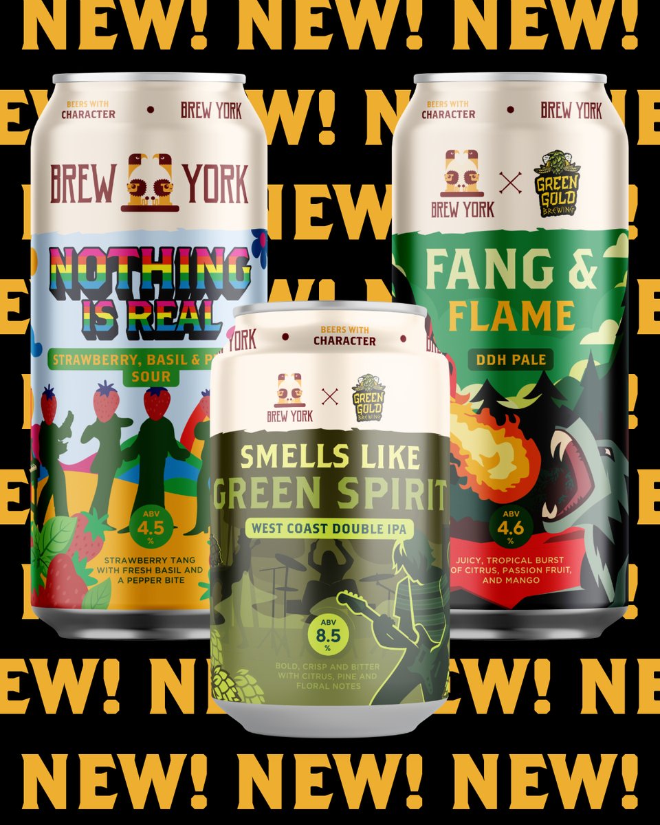 🚨 NEW RELEASES! 🚨
Sound the alarm folks, we have THREE brand-new releases dropping this week!
🍓 Nothing Is Real - Strawberry, Basil &amp; Pepper Sour - 4.5%
🐺 Fang &amp; Flame - DDH Pale - 4.6%
🎸 Smells Like Green Spirit - West Coast Double IPA - 8.5%
Order: brewyork.co.uk/shop