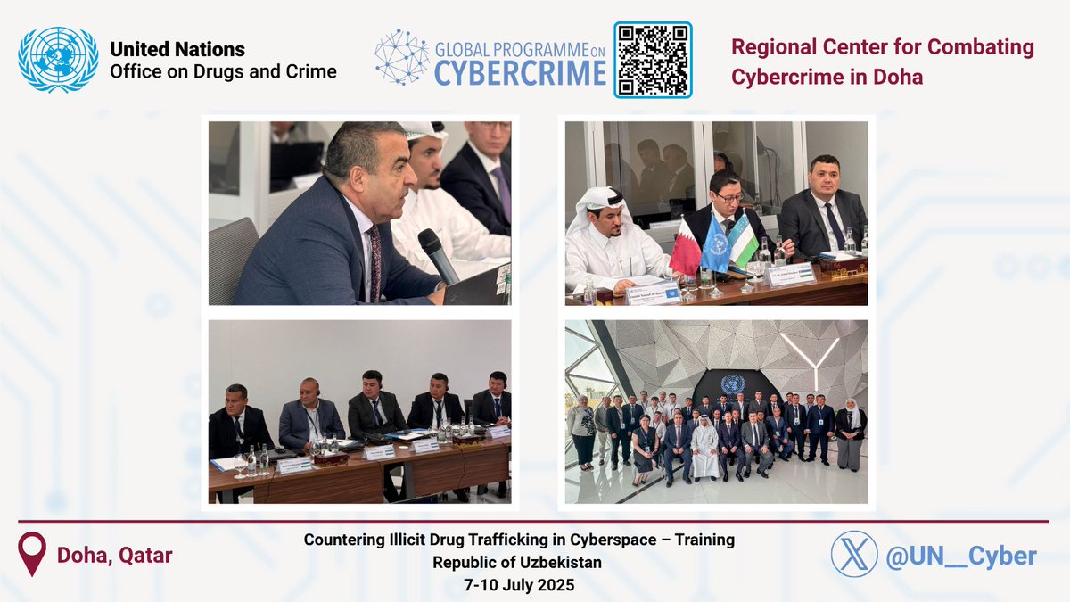 Doha, 🇶🇦, 7–10 July | Following the #WorldDrugDay the <a href="/UN__Cyber/">Global Programme on Cybercrime</a> #CyberDohaCenter &amp; <a href="/UNODC_ROCA/">UNODC in Central Asia</a>, launches its 2⃣nd training on countering illicit drug trafficking in the cyberspace with 2⃣6⃣ officials from law enforcement and security agencies in #Uzbekistan🇺🇿.
🙏🏾 <a href="/StateINL/">US Dept of State INL</a> 🇺🇸.