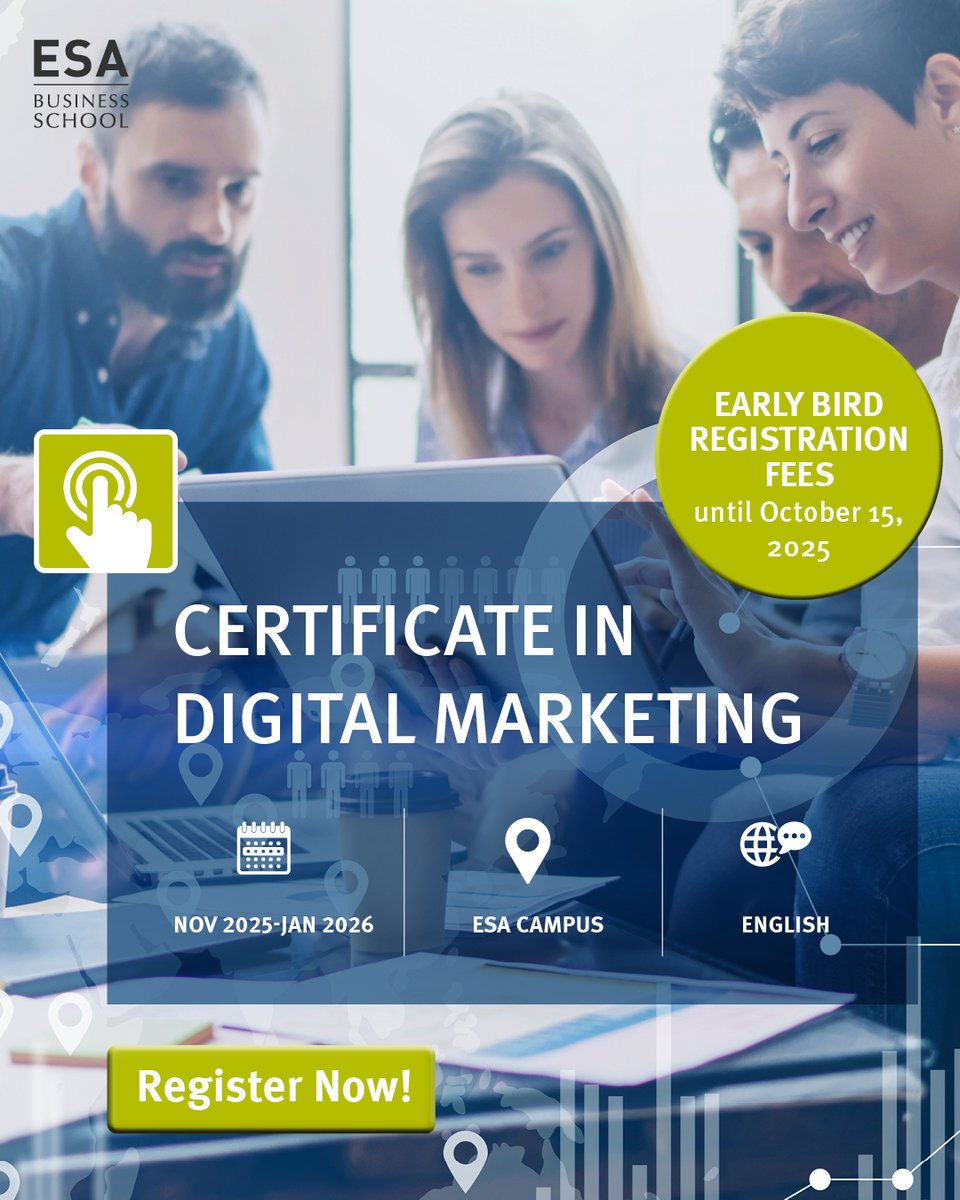 Join ESA Certificate in Digital Marketing and gain the tools, insights, and hands-on experience to become a true digital leader.

ESA Campus | 9 AM – 5 PM
Starts November 26, 2025
Real case studies &amp; workshops

Apply now!
hubs.ly/Q03wbrLS0