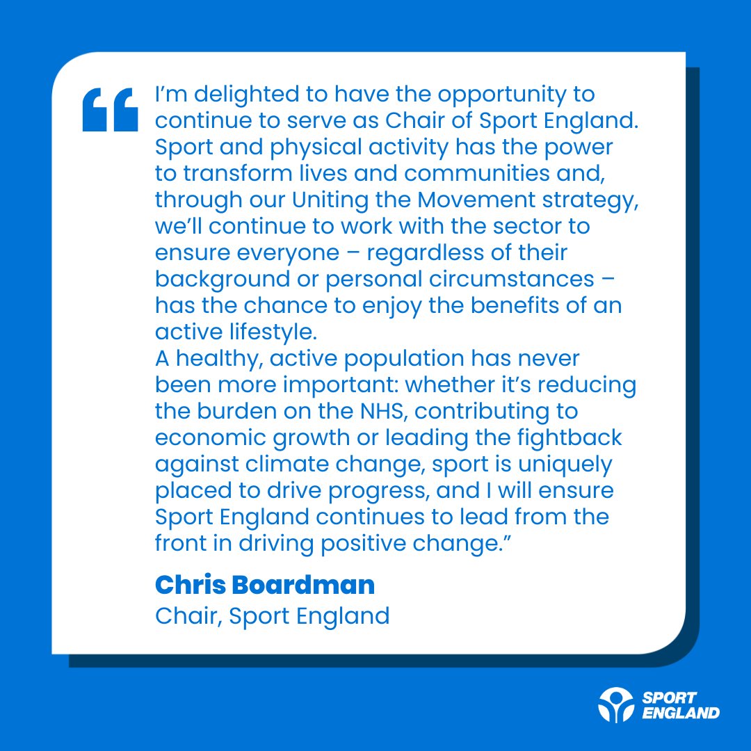 Sport England (@sport_england) on Twitter photo Chris Boardman to continue as Chair of Sport England for a second term of four years.
Over the last four years Chris has not only guided the sector through the challenges of the pandemic and championed our long-term strategy, Uniting the Movement, but has also been a leading Chris Boardman to continue as Chair of Sport England for a second term of four years.
Over the last four years Chris has not only guided the sector through the challenges of the pandemic and championed our long-term strategy, Uniting the Movement, but has also been a leading