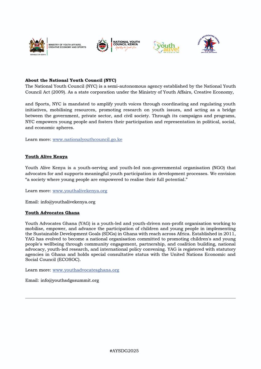 𝗣𝗿𝗲𝘀𝘀 𝗥𝗲𝗹𝗲𝗮𝘀𝗲

Nairobi will host the 6th African Youth SDGs Summit from Nov 4-7, 2025 under the theme: Reimagining Africa through Youth-Driven Solutions.

The youth will gain the tools &amp; visibility to scale their impact.

📢 Stay tuned for more updates.

#AYSDG2025