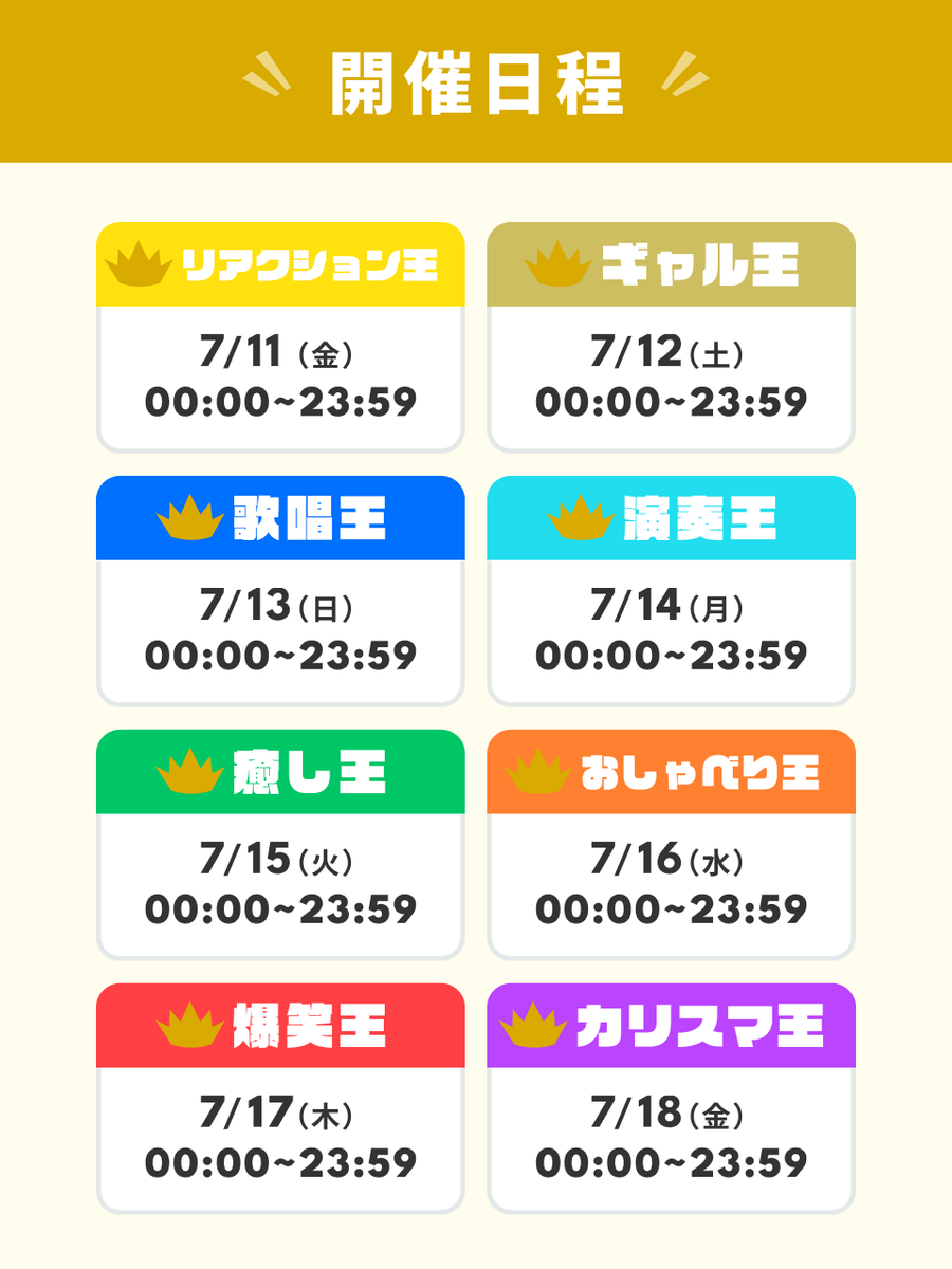 あなたが〇〇王イベントの楽しみ方👑】 「あなたが〇〇王」は8日かけて1日ごとに王を決めるエントリー不要のイベントです！  指定アイテムを使って・集めて王を目指そう！ アイテムは10コイン・111コイン・1555コインの3ラインナップ！ 詳細を確認する↓  https://t.co ...