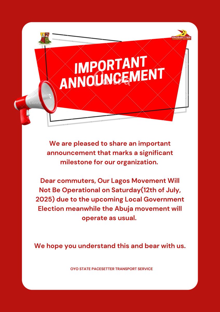 IMPORTANT NOTICE!!!

Dear commuters, our Lagos movement will not be operational on Saturday(13th of July, 2025) due to the upcoming local government election meanwhile the Abuja movement will operate as usual. 

We hope you understand this and bear with us.