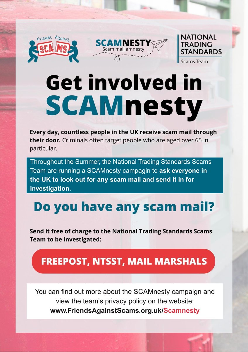 SuffolkTS's tweet image. ✉ Criminals will make scam mail personal and address you by name to make it feel as if you’ve been specially selected to receive the mailing. Head over to the @AgainstScams website for information friendsagainstscams.org.uk/scamnesty
#SCAMnesty #ScamAware