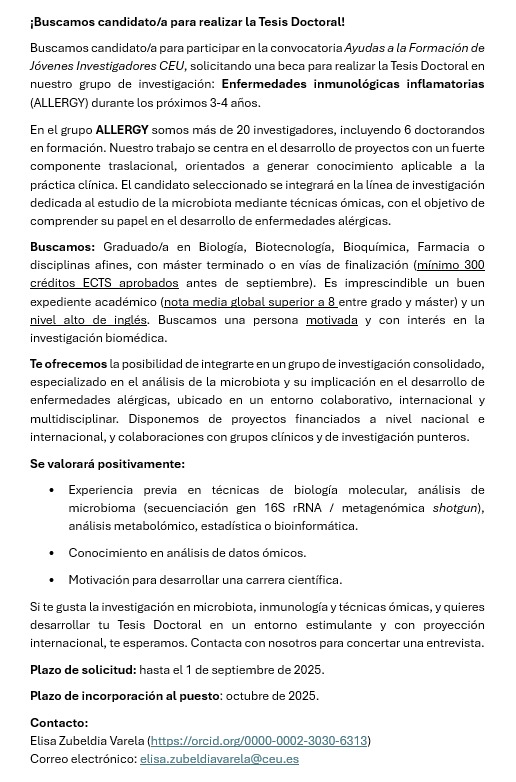 ¿Te apetece desarrollar una carrera investigadora en un entorno multidisciplinar? ¿Estás interesado en la inmunología, las ómicas o la microbiota? Si es el caso, ¡no te pierdas esta oferta de doctorado de nuestro grupo!
📍Más detalles abajo👇
