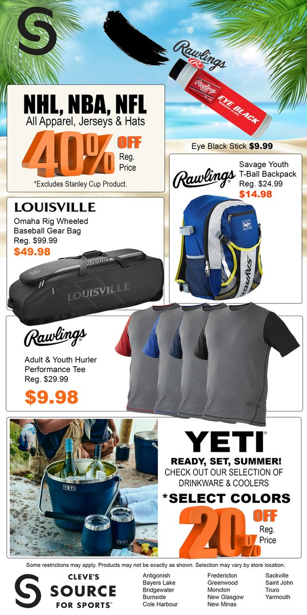 Shop the Sizzling Summer Sale at a Cleve's Source for Sports store near you. Deals on summer apparel, footwear, baseball &amp; more.     

Take a peek at our full flyer...cleves.ca 

#NovaScotia #NewBrunswick #SupportLocal