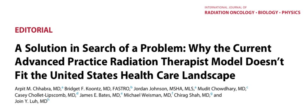 Mudit Chowdhary, MD (@drchowdharymd) on Twitter photo Our Editorial on the Advanced Practice Radiation Therapist Model is in <a href="/IJROBP/">IJROBP - The Red Journal</a>
We outline why the APRT role—as it is currently formulated—raises structural, clinical & operational concerns for the United States radiation oncology landscape
sciencedirect.com/science/articl…
#radonc Our Editorial on the Advanced Practice Radiation Therapist Model is in <a href="/IJROBP/">IJROBP - The Red Journal</a>
We outline why the APRT role—as it is currently formulated—raises structural, clinical & operational concerns for the United States radiation oncology landscape
sciencedirect.com/science/articl…
#radonc