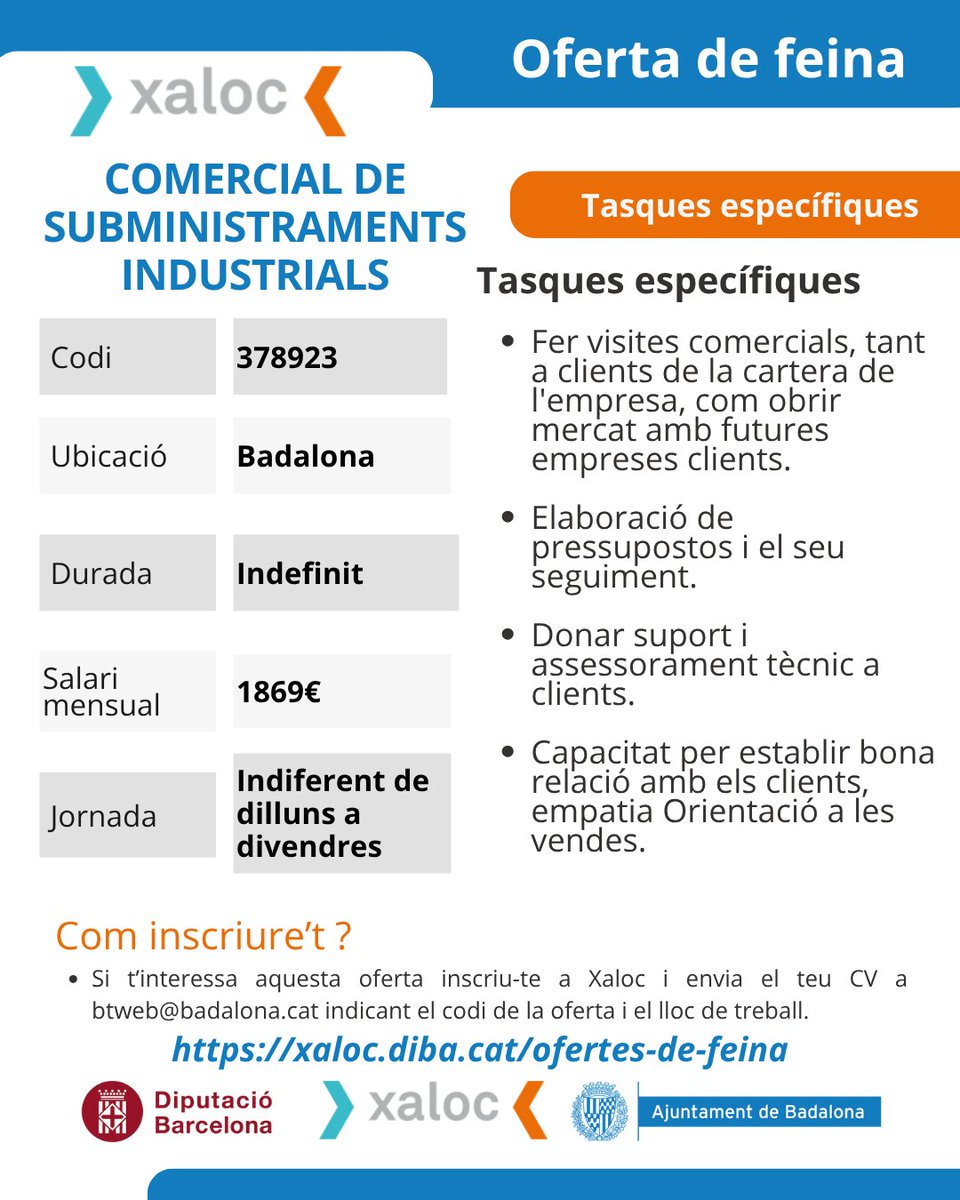 IMPO Badalona (@impobdn) on Twitter photo ⚠️Busquem candidats/es per aquestes ofertes de feina a #Badalona
📢 Inscripcions a través de la pàgina web d'ofertes de Xaloc xaloc.diba.cat/ofertes-de-fei…
Si t'interessa: 1) Apunta't. 2) Envia el CV indicant número d'oferta al correu btweb@badalona.cat ⚠️Busquem candidats/es per aquestes ofertes de feina a #Badalona
📢 Inscripcions a través de la pàgina web d'ofertes de Xaloc xaloc.diba.cat/ofertes-de-fei…
Si t'interessa: 1) Apunta't. 2) Envia el CV indicant número d'oferta al correu btweb@badalona.cat