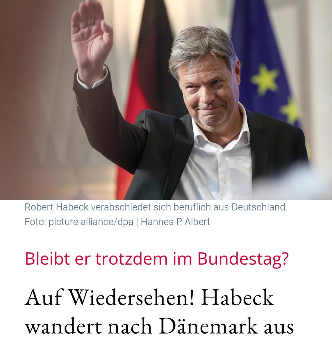 Deutschland gegen die Wand gefahren, sich jetzt ins sichere Dänemark absetzen und dann noch weiter von deutschen Steuergeldern leben. 

Bravo. Der Kinderbuchautor schreibt weiter Geschichte!

Vom Hühnerzüchter zum Flüchtling!

#habeck #schwachkopf
