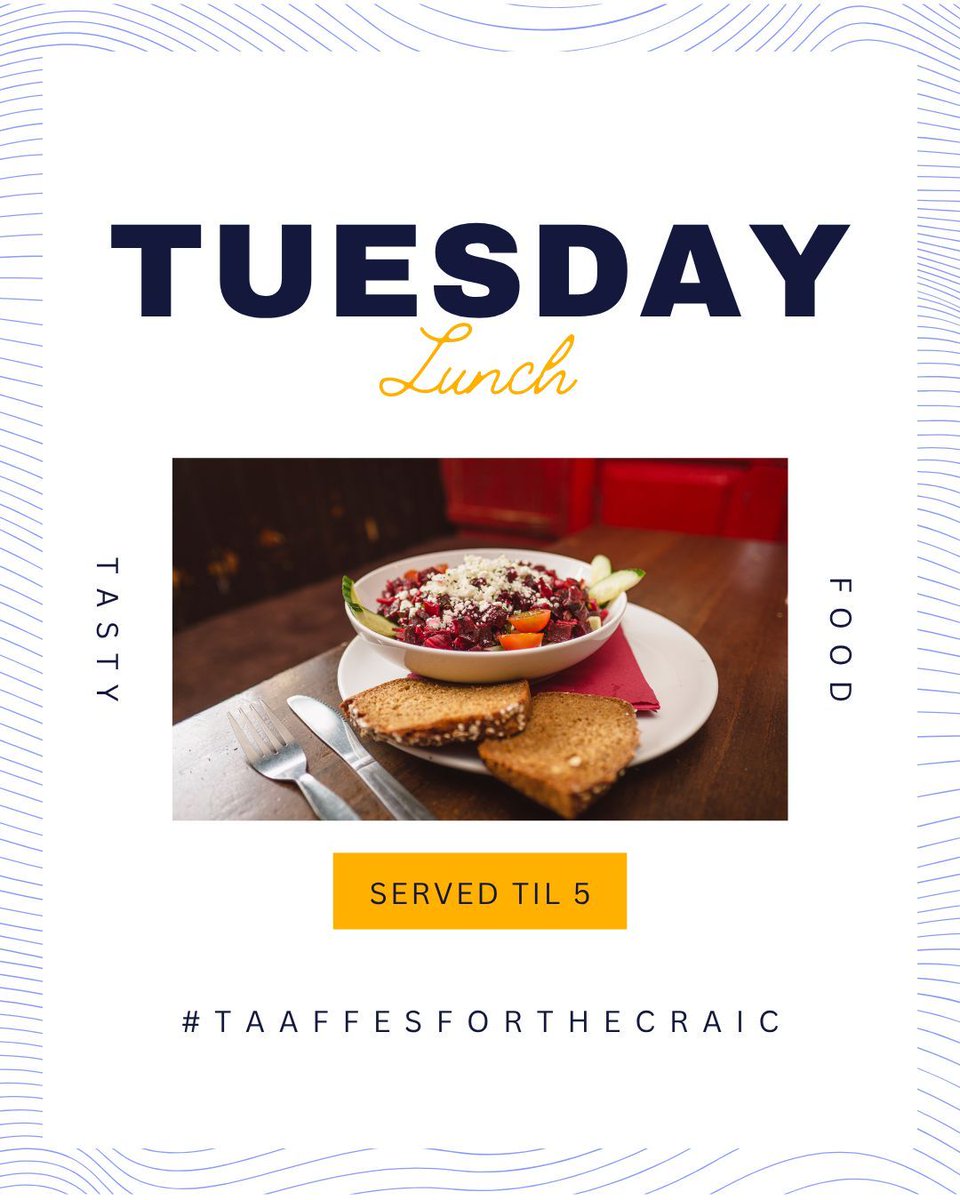 Tuesday plans?
Swing by for lunch - tasty soups, sambos, wraps and salads served fresh every day ‘til 5. 🍜 🥘 

#taaffesforthecraic #galwayfood