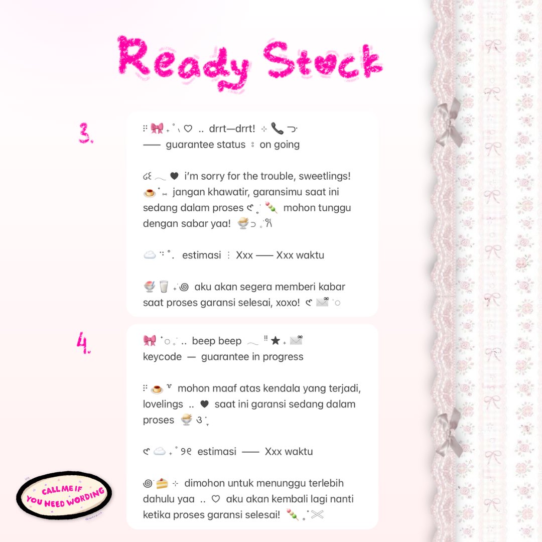 wordinh's tweet image. ⠀
⠀⠀🎀🤍  ..  help rt juseyo, thx!  ✉️

READY STOCK  :  WORDING GARANSI  ♡⃞  only 5.500 @ each!  🍮  ..  check alt for more info!  &amp;lt;3  knock my dm to purchase your favo__orite!  🥨

t. #zonauang #zonaba  rs ba needs garansi diproses selesai