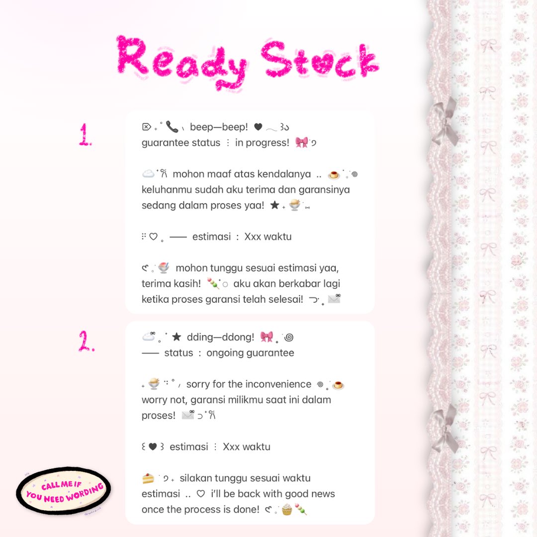 wordinh's tweet image. ⠀
⠀⠀🎀🤍  ..  help rt juseyo, thx!  ✉️

READY STOCK  :  WORDING GARANSI  ♡⃞  only 5.500 @ each!  🍮  ..  check alt for more info!  &amp;lt;3  knock my dm to purchase your favo__orite!  🥨

t. #zonauang #zonaba  rs ba needs garansi diproses selesai