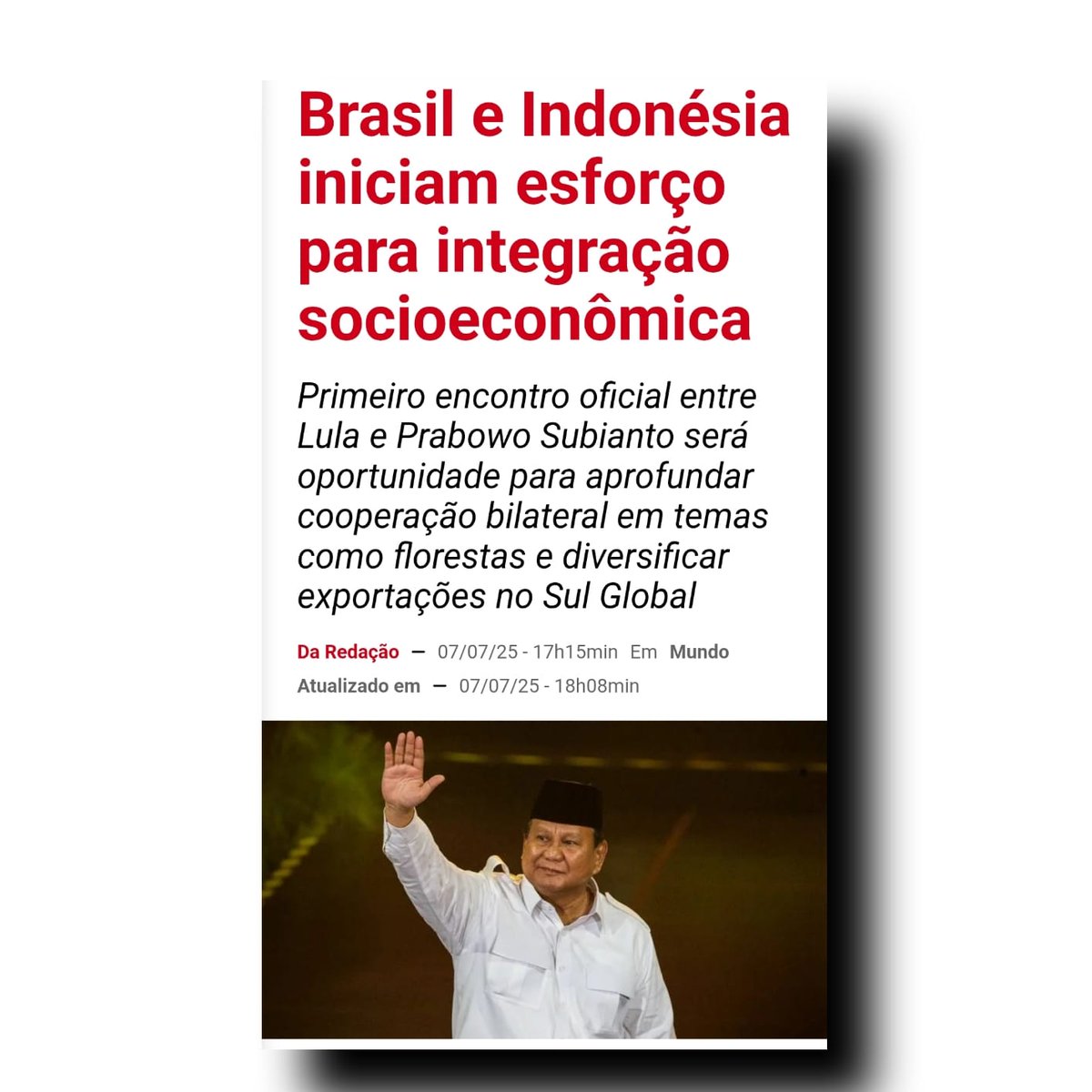Brasil e Indonésia iniciam esforço para integração socioeconômica

<a href="/prabowo/">Prabowo Subianto</a> <a href="/LulaOficial/">Lula</a> 
#BRICS #prabowo
#BRICS2025 

Brasil dan Indonesia memulai upaya integrasi sosial-ekonomi

Pertemuan kenegaraan pertama antara Lula dan Prabowo Subianto akan menjadi kesempatan untuk
