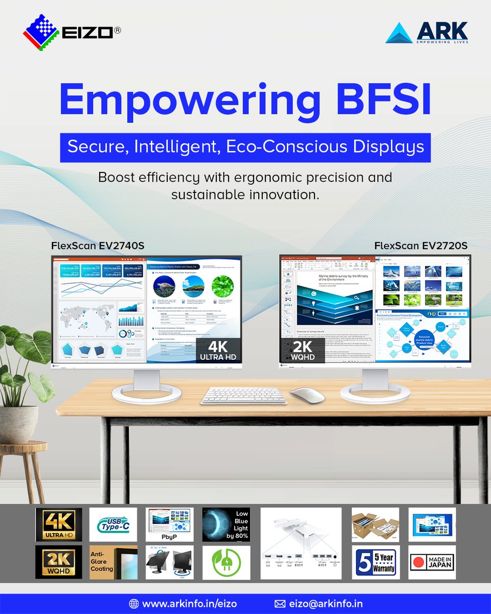 arkinfosolutions (@arkinfosolution) on Twitter photo Smarter displays for smarter BFSI decisions.
EIZO EV2720S (2K) & EV2740S (4K) offer:
1. USB-C with 70W PD
2. TÜV eye comfort
3. PbyP multi-source view
4. Eco design (12–14W)
5. 5-yr warranty | Made in Japan
eizo@arkinfo.in | arkinfo.in/eizo
#BFSI #FlexScan #Displays Smarter displays for smarter BFSI decisions.
EIZO EV2720S (2K) & EV2740S (4K) offer:
1. USB-C with 70W PD
2. TÜV eye comfort
3. PbyP multi-source view
4. Eco design (12–14W)
5. 5-yr warranty | Made in Japan
eizo@arkinfo.in | arkinfo.in/eizo
#BFSI #FlexScan #Displays