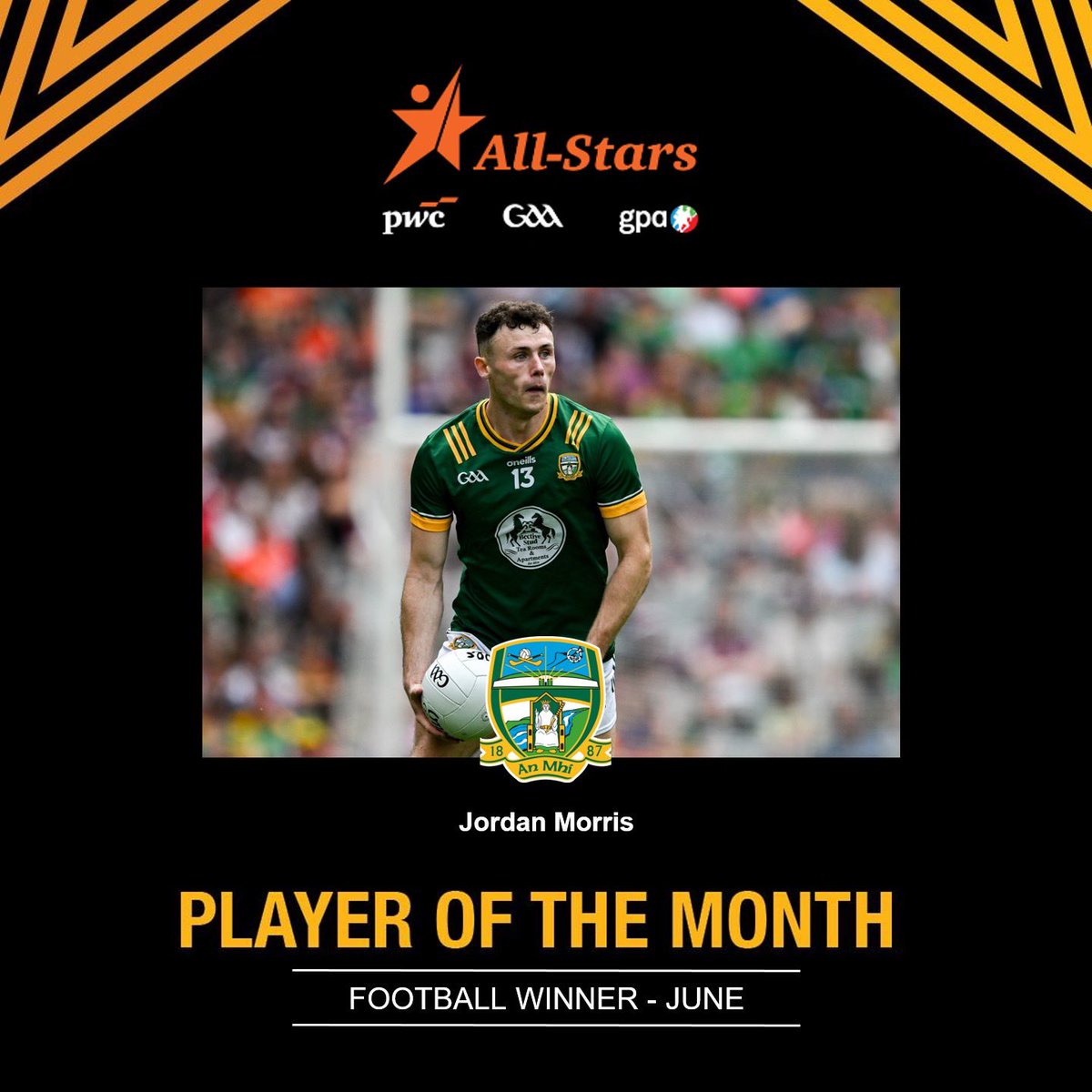 Jordan Morris from <a href="/MeathGAA/">Meath GAA</a> claims the title for the PwC <a href="/officialgaa/">The GAA</a> / <a href="/gaelicplayers/">GPA</a> Football Player of the Month for June 👏

Well done Jordan 🏆

#PwCAllStars