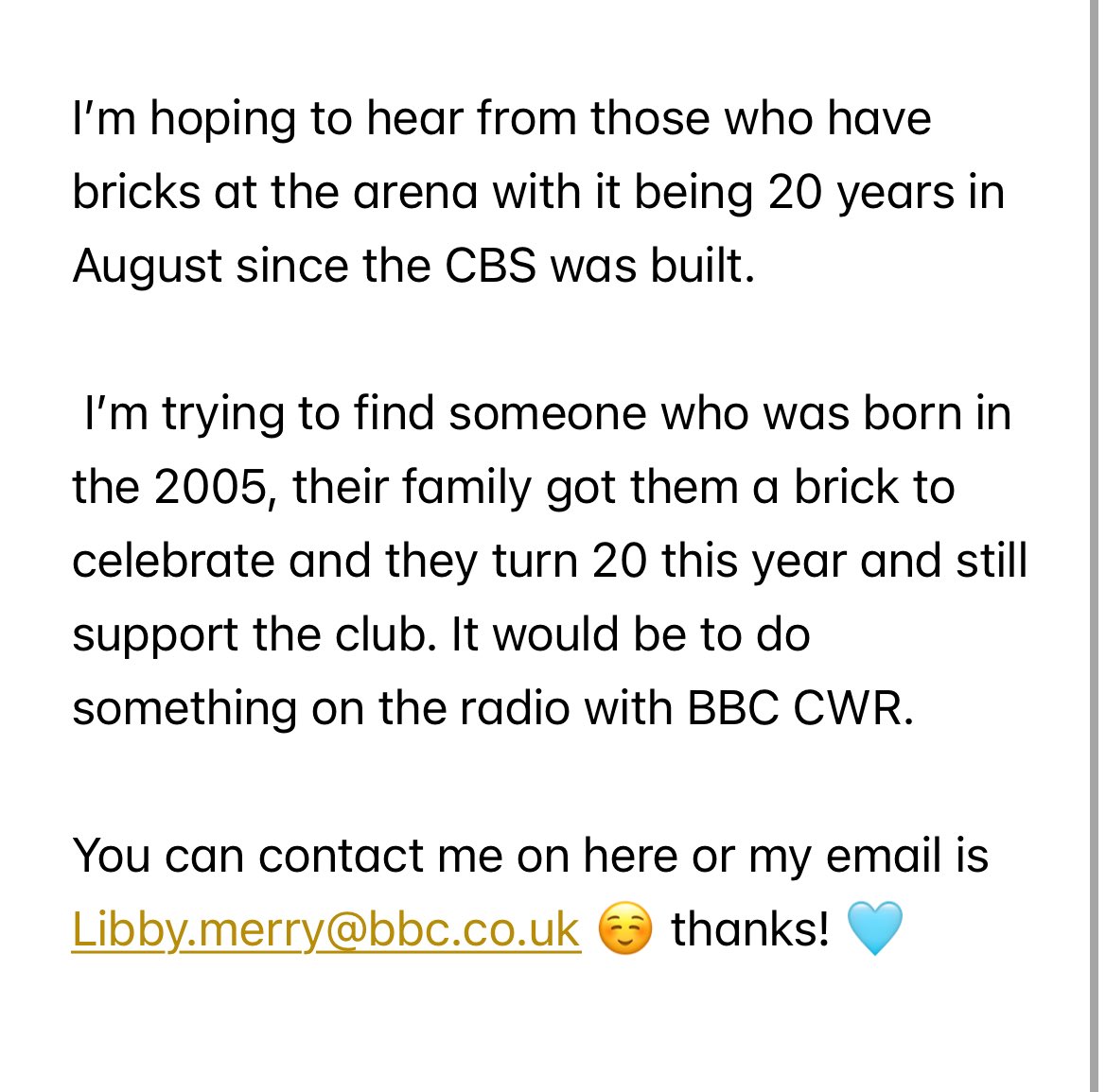 Libby Merry (@squibss) on Twitter photo Wonder if the sky blues community could help with a little journalist request!
<a href="/BBCCWR/">BBC Coventry & Warwickshire</a>
#Coventry #coventrycity #skyblues #PUSB Wonder if the sky blues community could help with a little journalist request!
<a href="/BBCCWR/">BBC Coventry & Warwickshire</a>
#Coventry #coventrycity #skyblues #PUSB