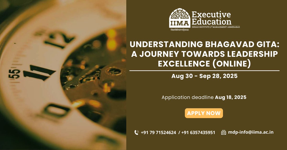 Leadership that starts within. Join #IIMA’s live online programme on #BhagavadGita &amp; #Leadership. Real clarity. Deep reflection. Timeless wisdom for today’s challenges.
Apply Now: lnkd.in/ds6JuhJG