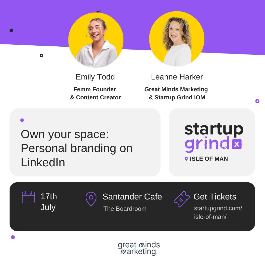 Want to feel more confident on LinkedIn?  
Join us for Own Your Space – a practical personal branding workshop led by Emily Todd &amp; Leanne Harker.   

📅 Thurs 17 July | 🕛 12–2PM
📍 Santander Work Café, Douglas
🎟️ Limited spaces –startupgrind.com/events/details…… 

#Linkedin #IsleofMan