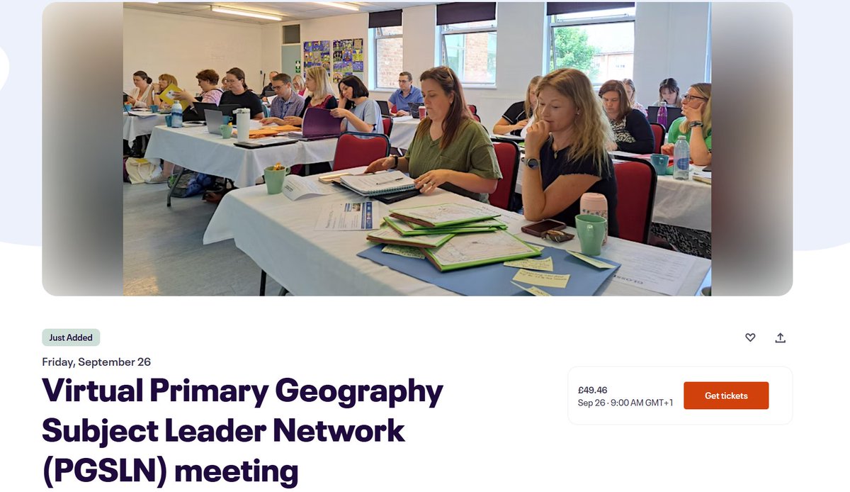 Insider information!

📷
<a href="/The_GA/">Geographical Association</a> <a href="/EYPPC_GA/">Geography Primary & Early Years Committee @The_GA</a> 
Details about the next virtual Primary Geography Leader Network (PGSLN) meeting have just gone LIVE!
eventbrite.co.uk/e/146974148935…
This is likely to be very popular; reserve your place sooner rather than later.