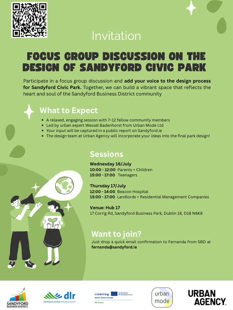 SandyfordBID's tweet image. Sandyford Civic Park Focus Groups 🌳
Focus groups will run next week to hear from parents, children and teens:
📍 Hub 17, Corrig Rd, Dublin 18
🗓️ Wed July 16
🕙10:00–12:00 Parents & Children
🕒 15:00–17:00 Teens
Email Fernanda at fernanda@sandyford.ie to join the discussion!