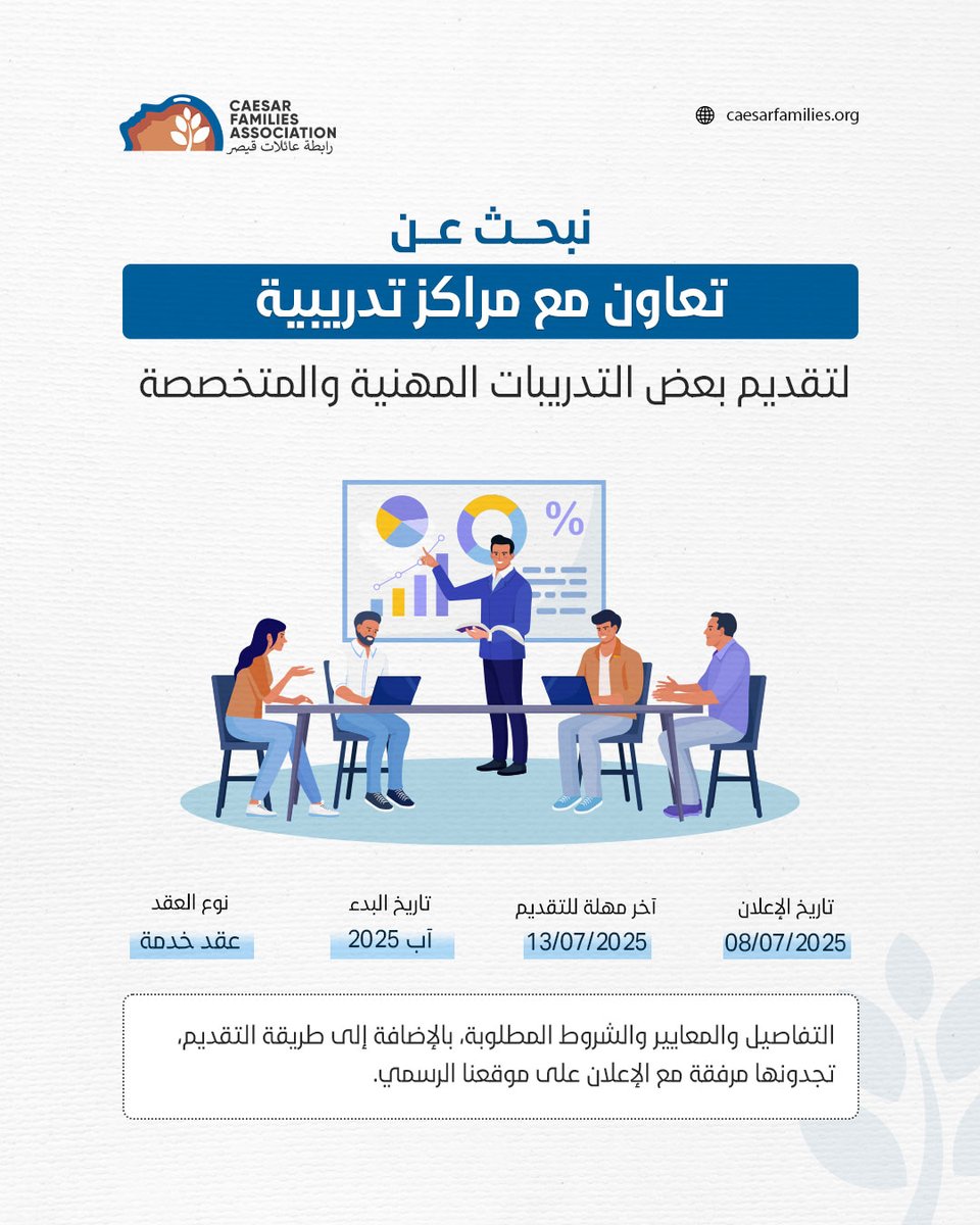 📢 هل تمثّل مركزًا تدريبيًا متخصصًا؟

تعلن رابطة عائلات قيصر عن فتح باب التعاون مع مراكز تدريبية مرخصة لتقديم تدريبات مدفوعة عن بُعد، تستهدف دعم وتأهيل الناجين والناجيات من الاعتقال في سوريا، ضمن برنامج تطويري يركّز على العدالة والمساءلة، إلى جانب مهارات مهنية ومعيشية.

🔹