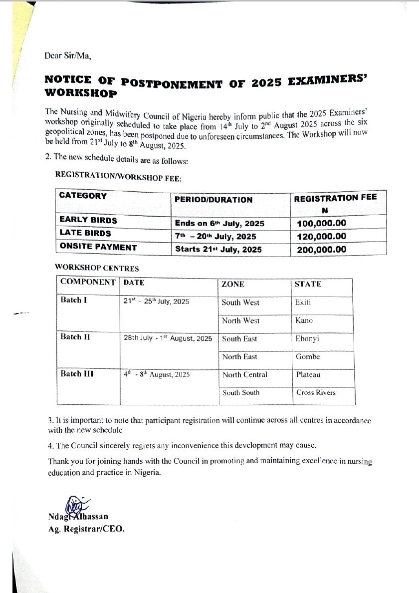 Notice of Postponement of 2025 Examiners Workshop