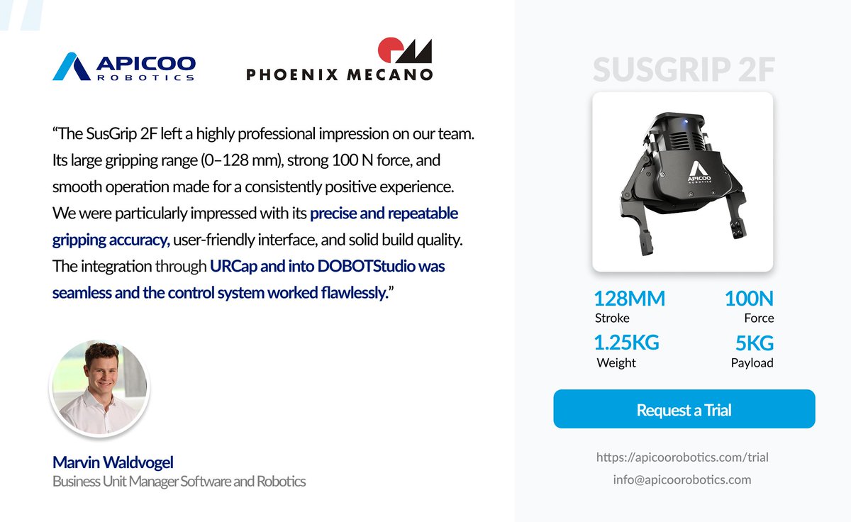 apicoo_robotics's tweet image. Phoenix Mecano Solutions AG recently tested SusGrip 2F
Thanks to Marvin Waldvogel and the team for the hands-on testing and valuable feedback - we’re glad SusGrip delivered as expected.
👉 Explore the free trial: apicoorobotics.com/trial
#Robotics #CobotGripper #Innovation