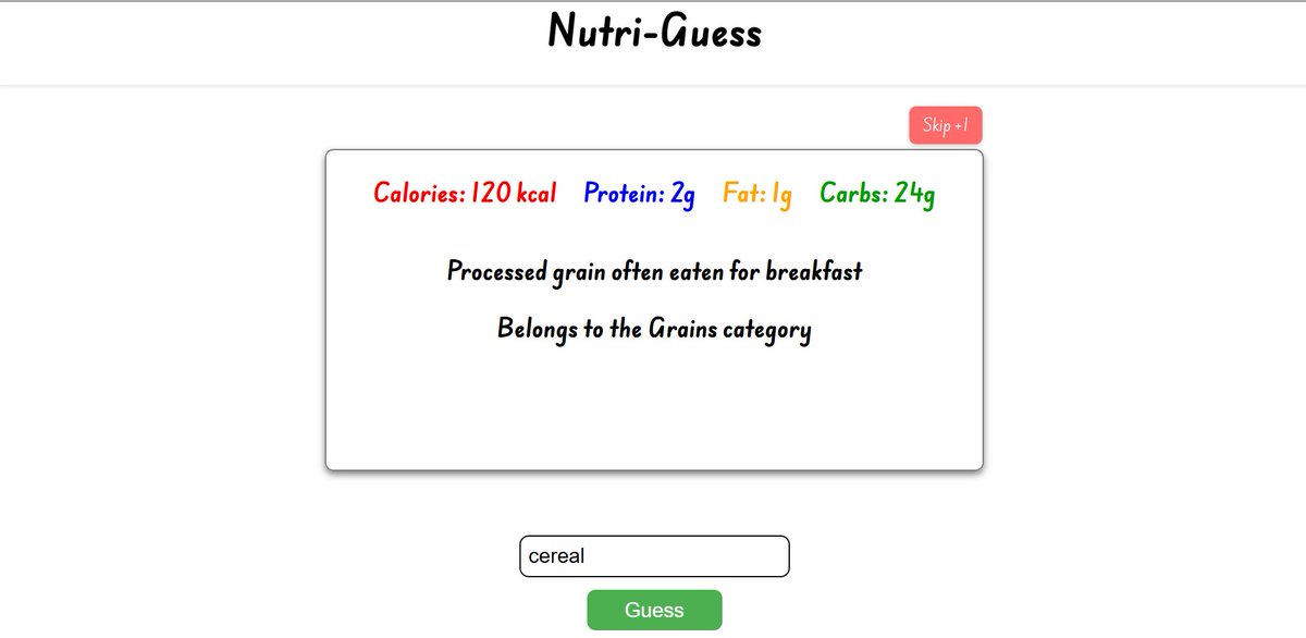 HarryGover's tweet image. I have created a wordle-like game which allows you to guess a food based on the clues provided.
Feel free to check it out at nutri-guess-game.onrender.com
#buildinpublic #codinginsights #devlog