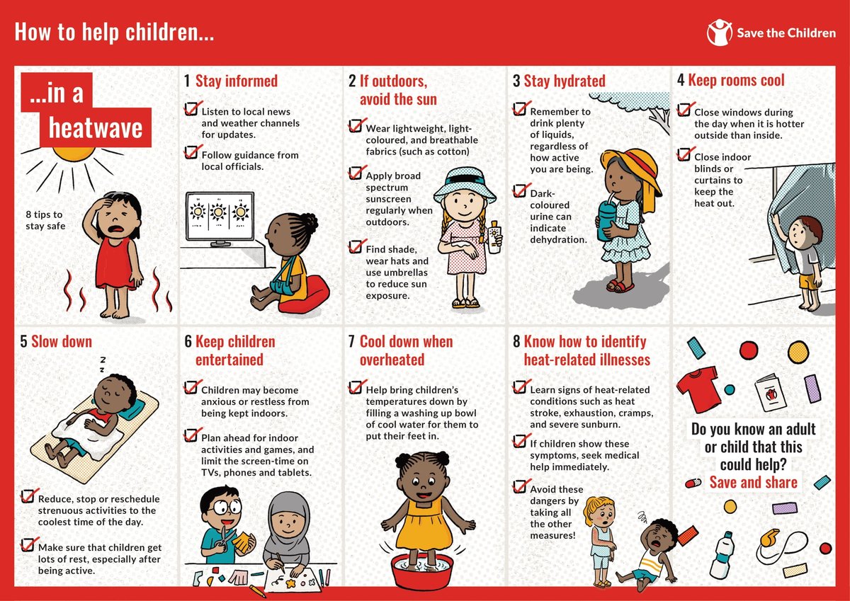 save_children's tweet image. High temperatures aren’t just uncomfortable, they’re dangerous, especially for children.
They dehydrate faster, struggle to regulate their body temperature & can’t always express when they’re overheating🌡️
We’ve created a simple guide to help protect kids in extreme heat⬇️