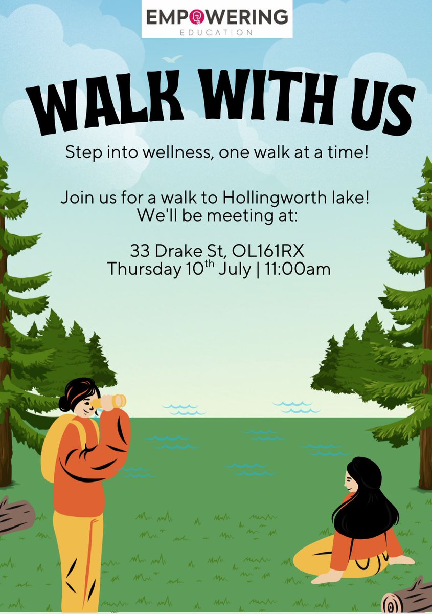 Empoweringeduc3's tweet photo. 🌿 Walk for Wellness at Hollingworth Lake! 🚶‍♂️🌊

🗓 Date: Thursday 10th July
⏰ Time: 11:00 am
📍 Meeting Point: 33 Drake st, OL16 1RX

Join us for a refreshing walk.

#WalkForWellness #HollingworthLake #MindfulSteps #HealthyBodyHealthyMind https://t.co/HgoaW0ETzD