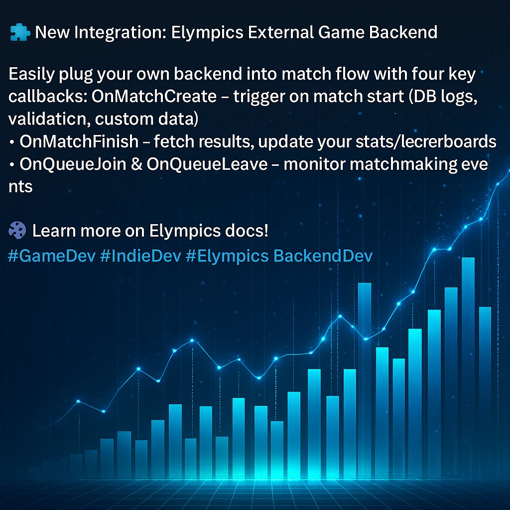 New Integration: Elympics External Game Backend

🔗OnMatchCreate – trigger on match start (DB logs, validation, custom data.

⚙️ GameEngineData &amp; MatchmakerData give you full control

🏆 Track progression, win-streaks &amp; smart matchmaking.

#Elympics #BackendDev #YapperLeaderboard