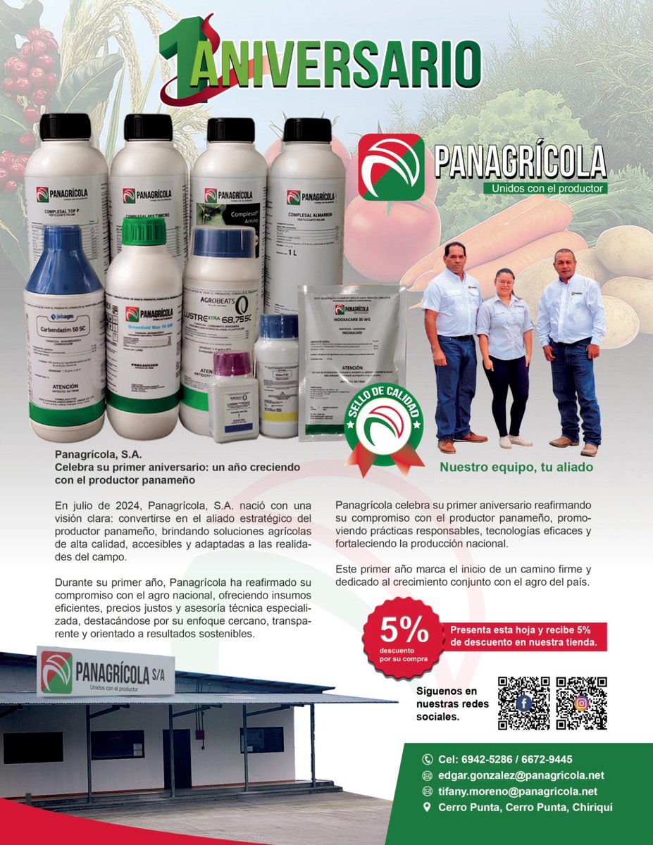 Felicitamos a la Empresa PANAGRICOLA, al celebrar este mes su 1er Aniversario “Unidos con el Productor”!
Su compromiso con el sector se ha basado sobre tres factores fundamentales: insumos eficientes, precios justos y una asistencia técnica especializada.
@panagricolasa
