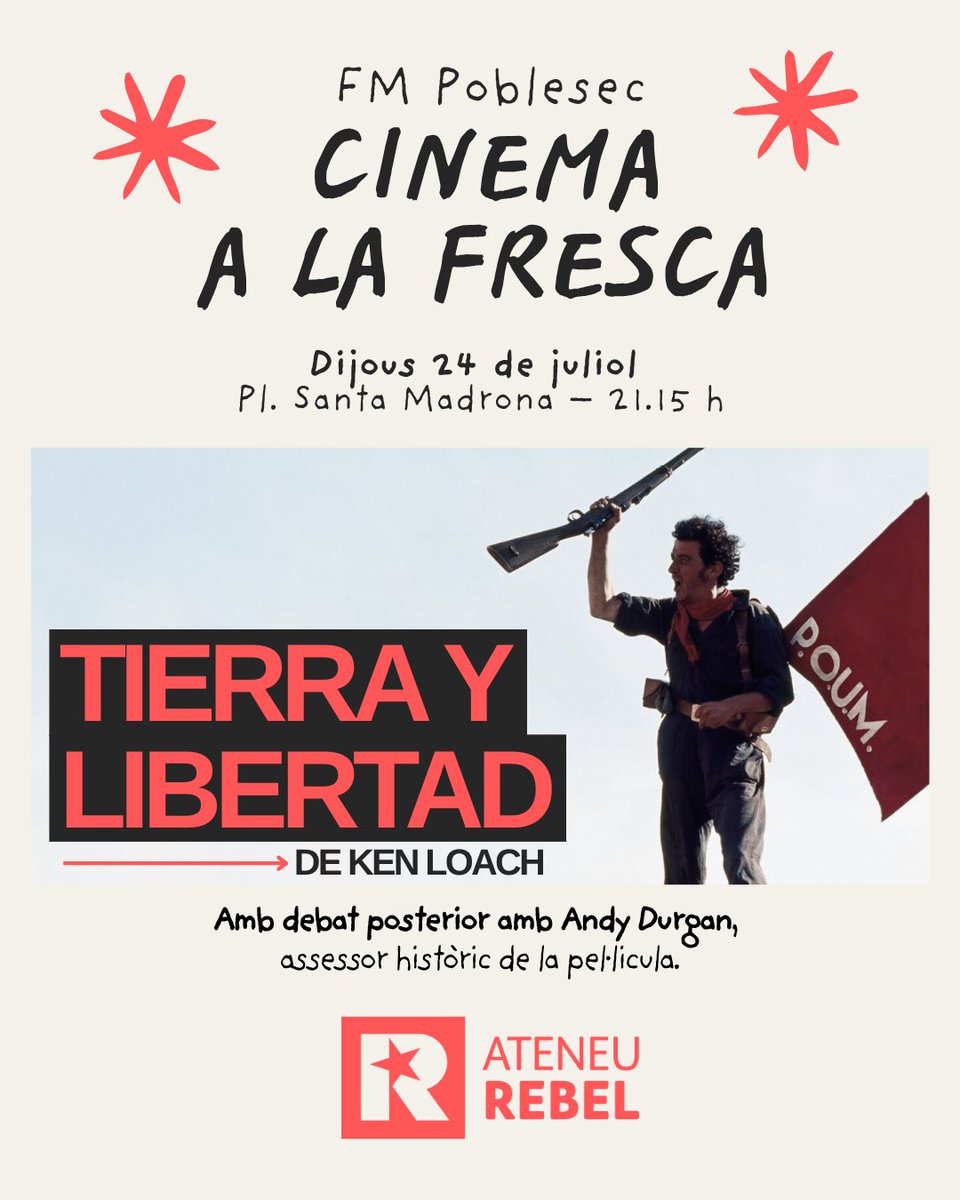 Les #FMPobleSec ja són aquí! I us deixem la nostra proposta:

📍Dijous 24 a la Pl. Santa Madrona, a les 21.15 h
Cinema a la fresca amb "Tierra y Libertad" de Ken Loach.

 Després del passi, Andy Durgan - assesor històric del film ens explicarà anècdotes i detalls inèdits! 🤫