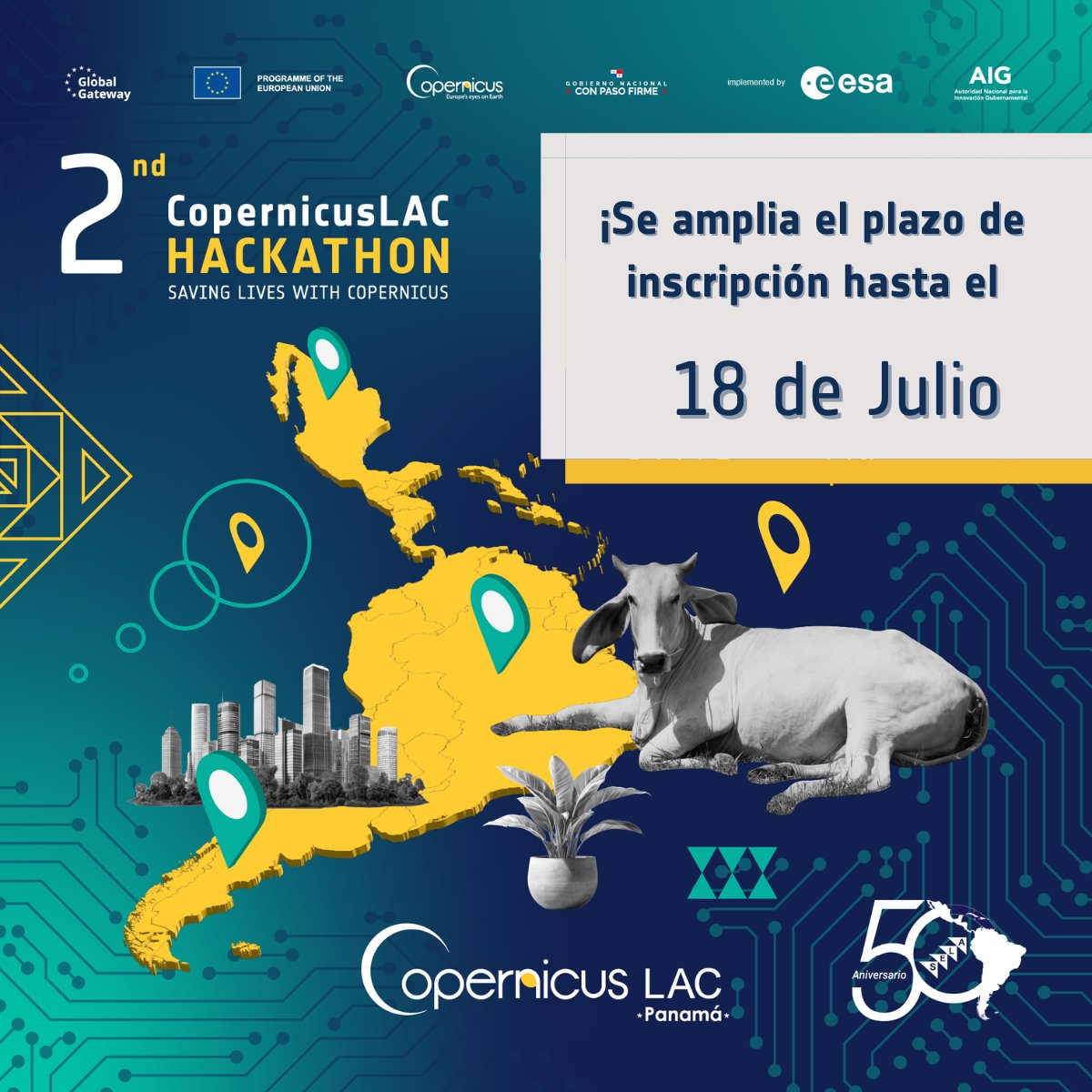 🚨 ¡Buenas noticias!

Se extiende el plazo para inscribirse al 2º #CopernicusLACHackathon 🛰️

🗓️ Tienes hasta el 18 de julio para registrarte
¡Únete y crea soluciones con datos de Observación de la Tierra de #Copernicus! 🌎

👉 Registros en
taikai.network/copernicuslac-…

#GlobalGateway