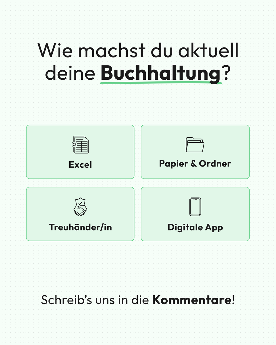 Wie machst du aktuell deine Buchhaltung? 💼 📊

Beantworte mit dem Emoji oder dem Tool, das du nutzt.👇

#fintech #finanzen #buchhaltung #unternehmer #unternehmen #finanz #startupbusiness #kmu #schweiz #steuerberatung #geschäftsführer #selbständig