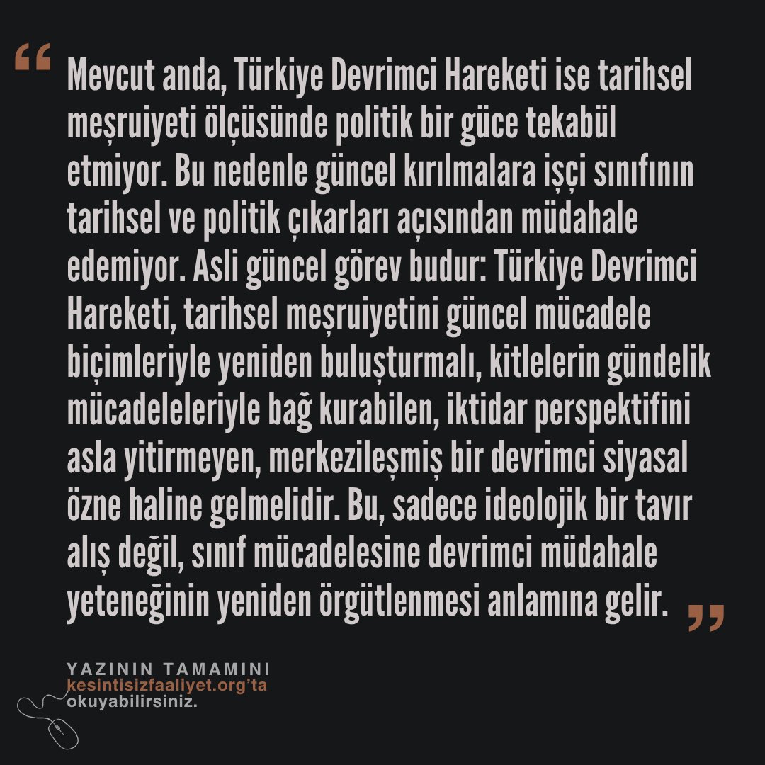 🖊️Gündeme Notlar #2

''Türkiye Devrimci Hareketi, tarihsel meşruiyetini güncel mücadele biçimleriyle yeniden buluşturmalı, iktidar perspektifini asla yitirmeyen merkezilemiş bir siyasi özne haline gelmelidir.”

🖱️Yazının tamamını okumak için:
kesintisizfaaliyet.org/gundeme-notlar…