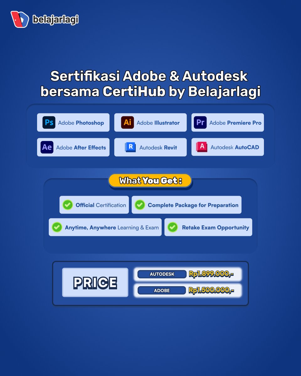 Panggilan untuk para designer dan editor📢

Sekarang di CertiHub Belajarlagi hadir sertifikasi Adobe &amp; Autodesk buat validasi skill kamu yg tiap hari pake tools ini. Sertifikasinya resmi dari Adobe.

Bangun portofolio &amp; kredibilitas kamu di sini: bit.ly/CertihubBL_X